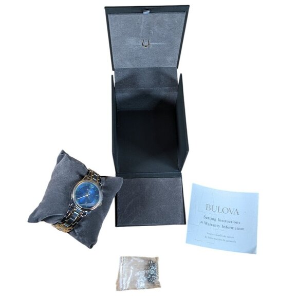 Bulova 98A150 Stainless Steel Gold-Tone Unisex Quartz Watch Blue Dial Box Links
